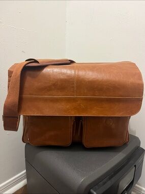 Kelly Moore Cognac Leather Messenger Bag with Front Pockets